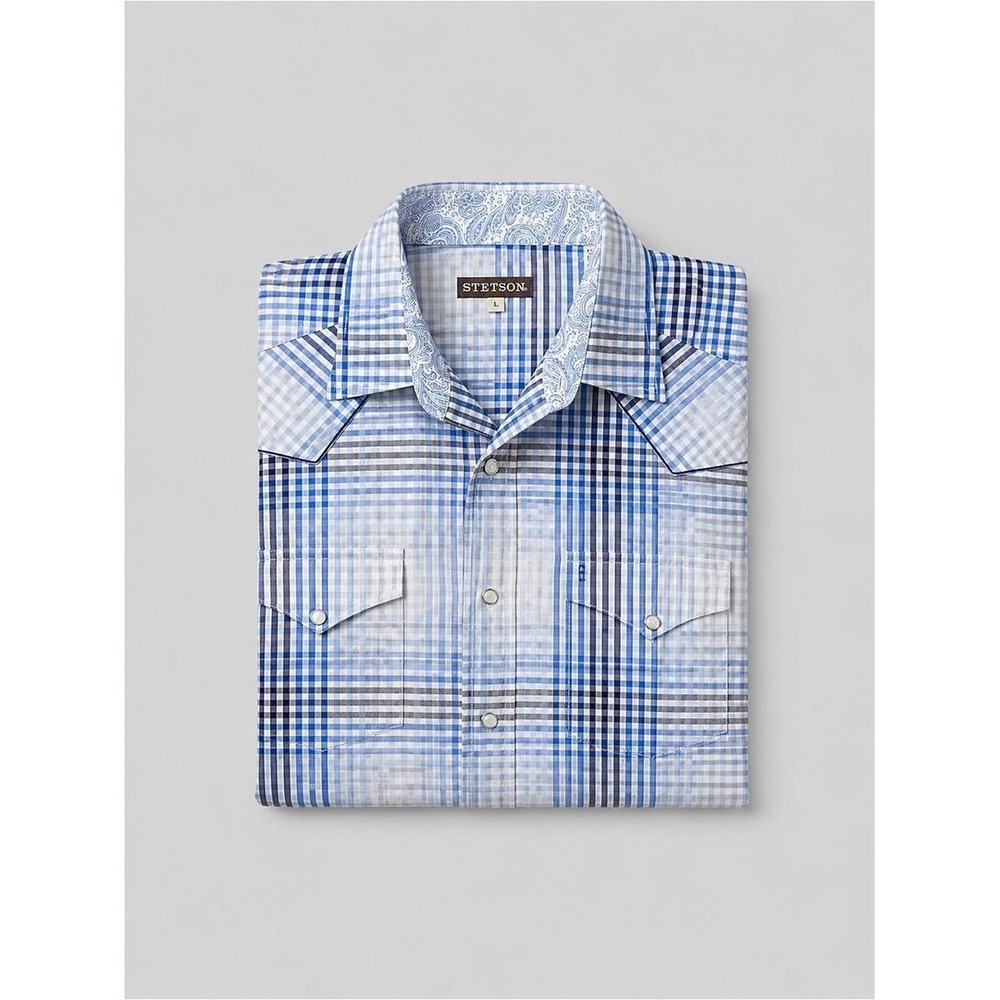 Stetson Mens Pearl Snap Button Up Shirt Large Patchwork Western Rodeo Ranch
